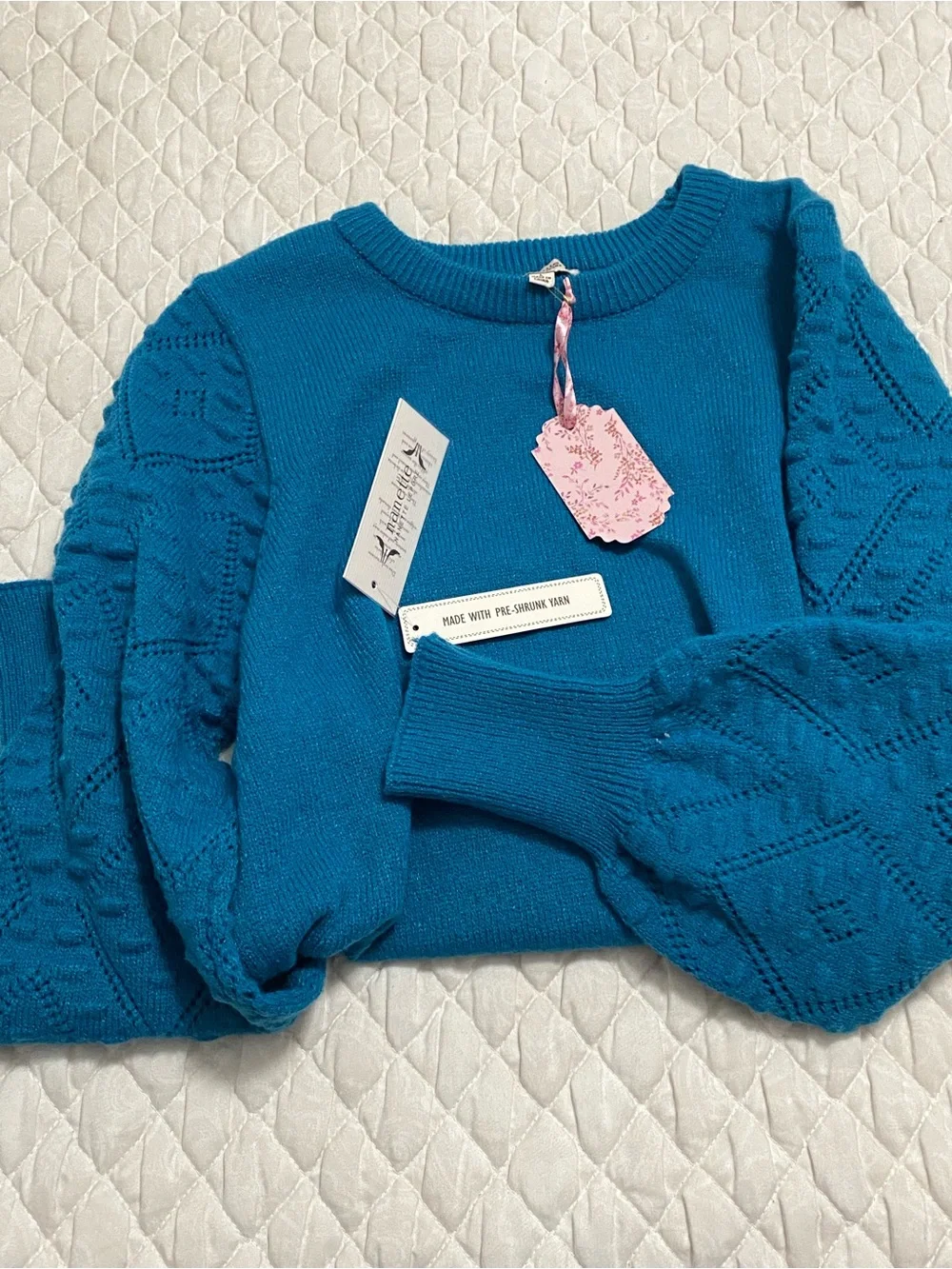 NWT Nanette Lepore Pointelle Balloon Sleeve Teal Green Crewneck Sweater Large